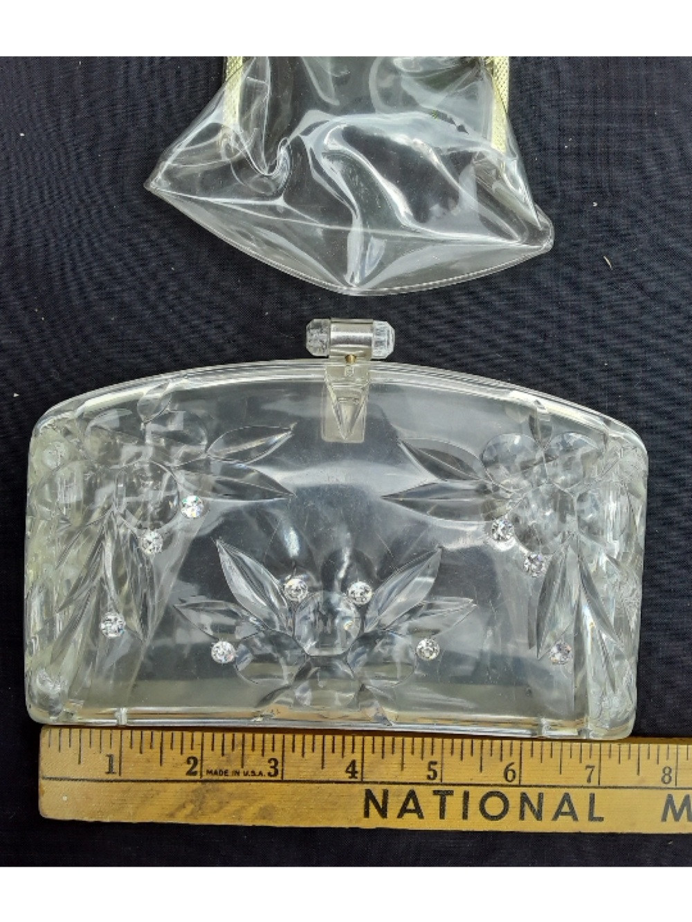 VTG 50's Clear Lucite Carved Floral Carved Rhinestone Accent Clutch Purse
